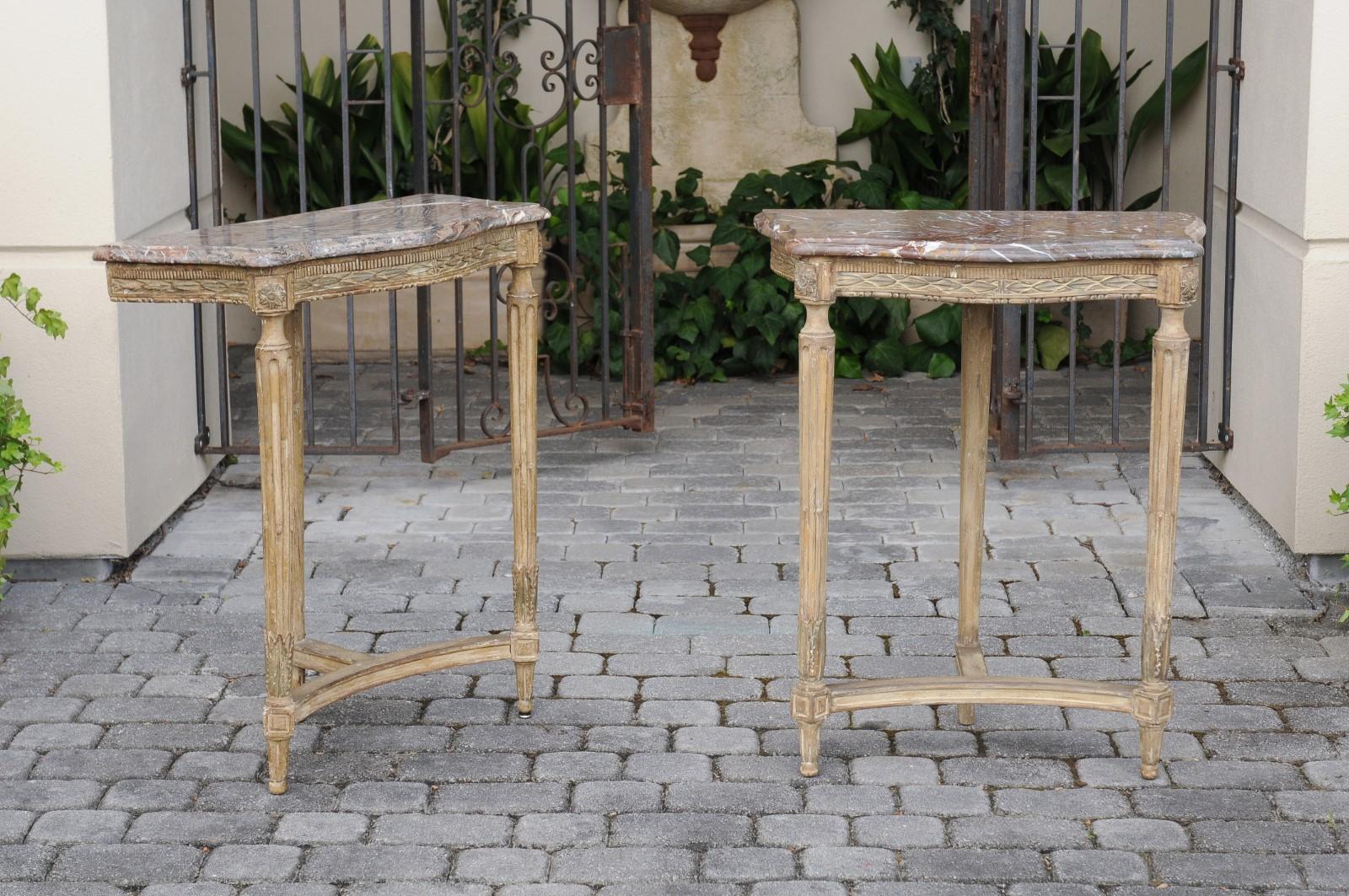 Pair of French Matching Neoclassical Painted Console Tables with Marble Tops 8