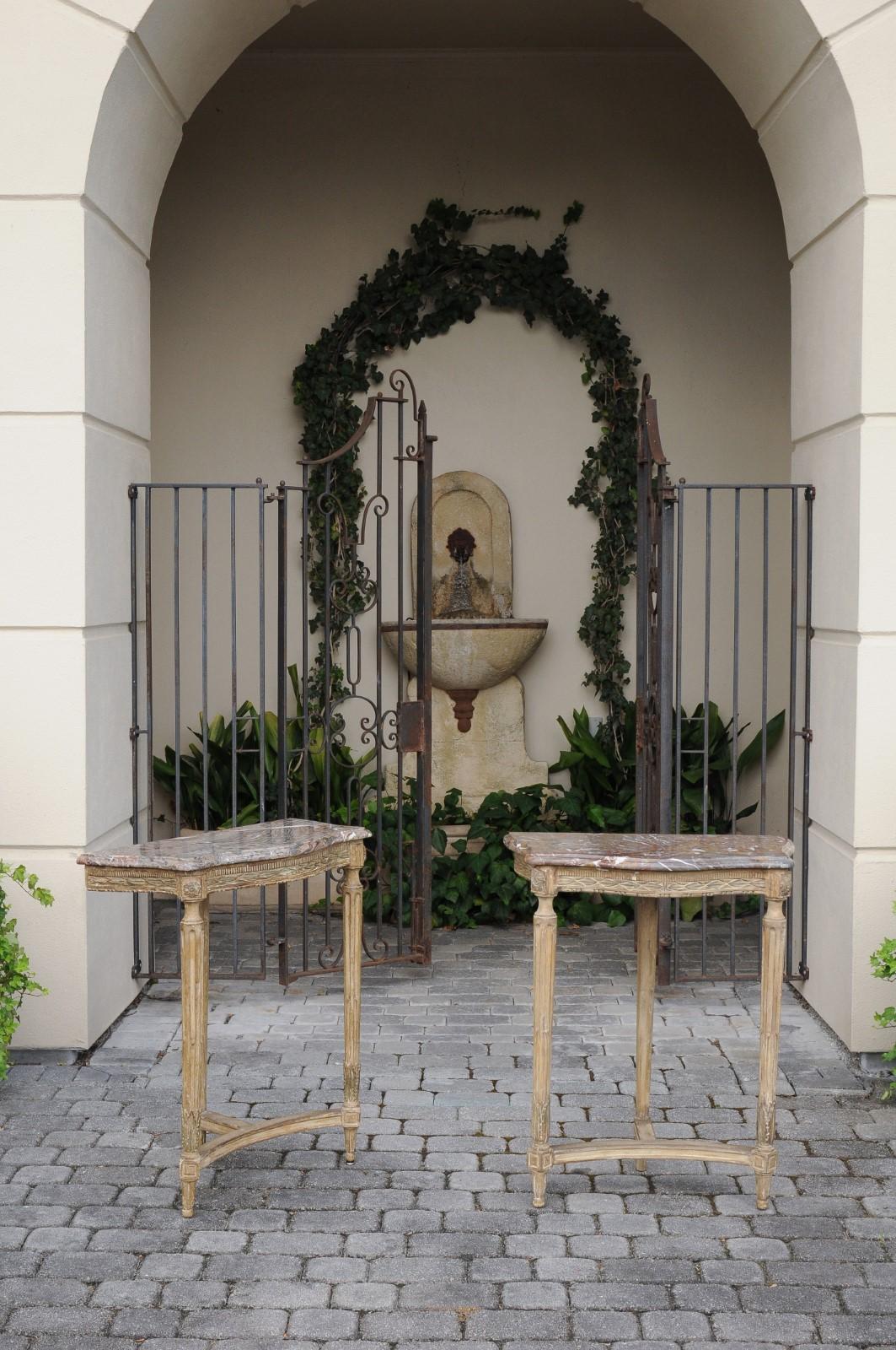 Pair of French Matching Neoclassical Painted Console Tables with Marble Tops 9