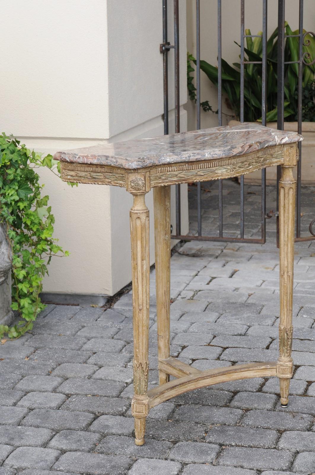 Pair of French Matching Neoclassical Painted Console Tables with Marble Tops 10