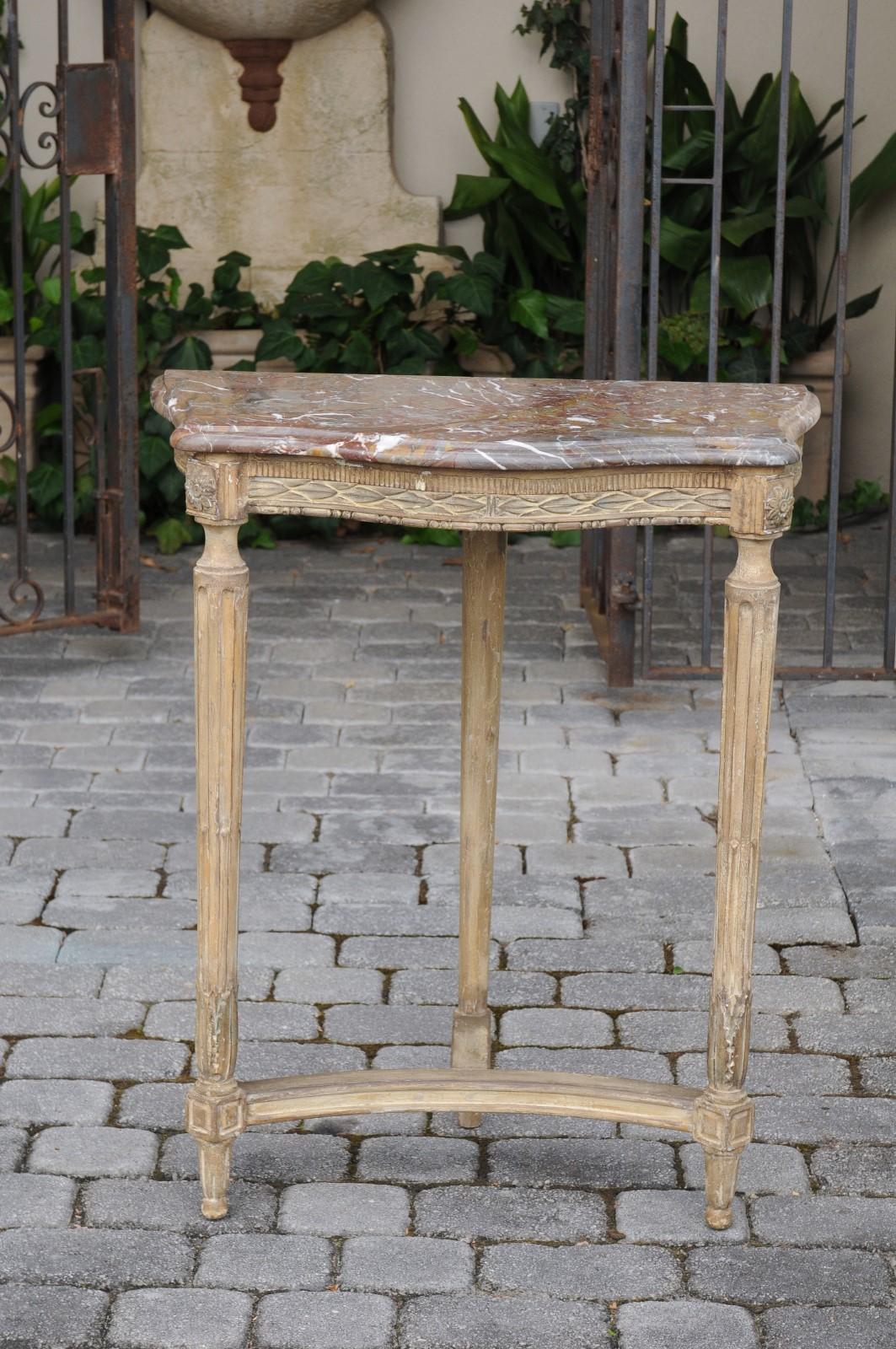 Pair of French Matching Neoclassical Painted Console Tables with Marble Tops 11