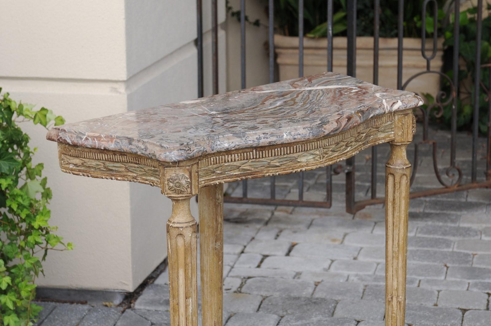 Hand-Carved Pair of French Matching Neoclassical Painted Console Tables with Marble Tops