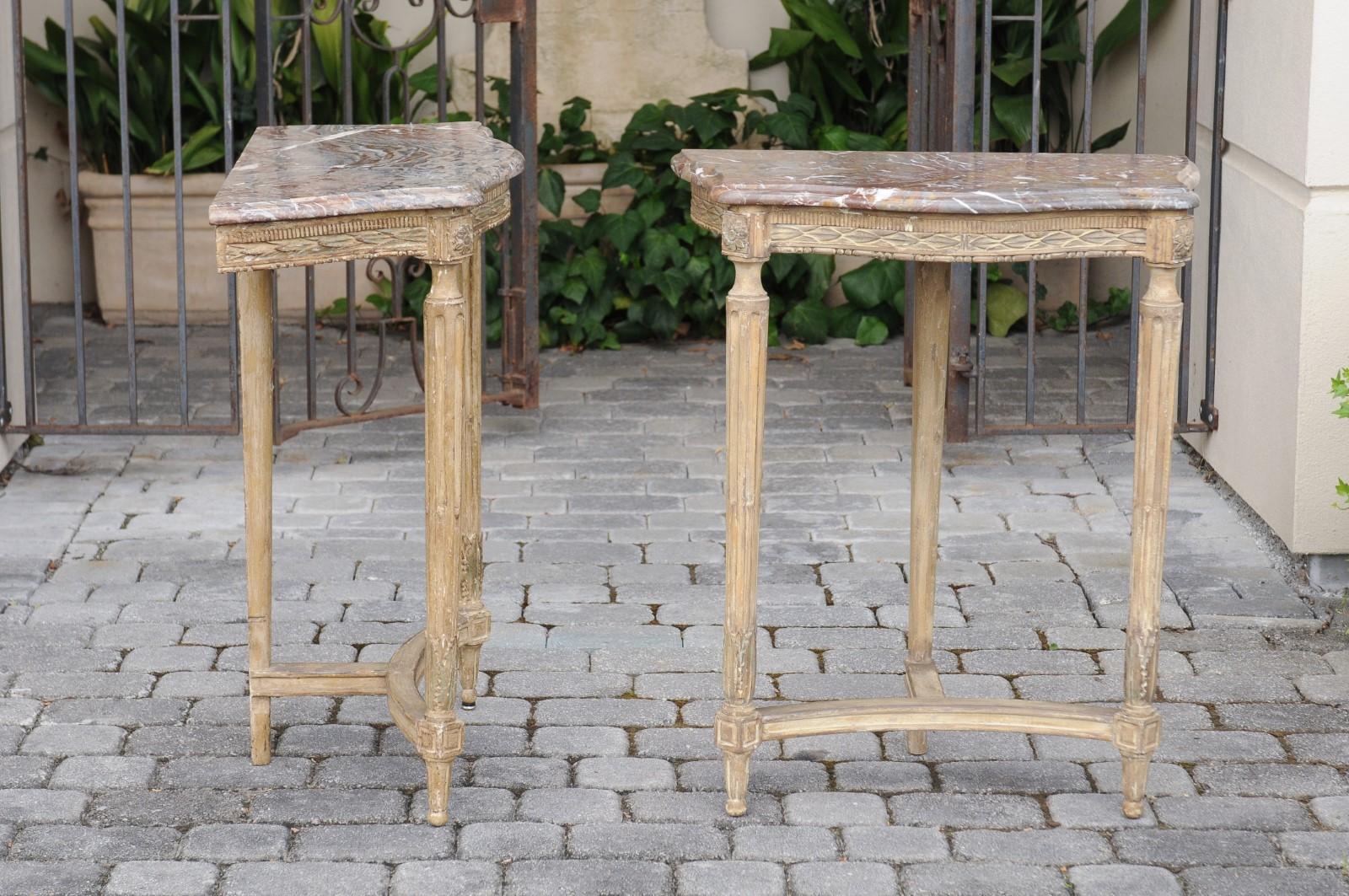 19th Century Pair of French Matching Neoclassical Painted Console Tables with Marble Tops