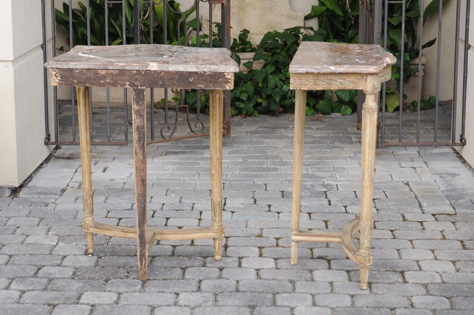 Pair of French Matching Neoclassical Painted Console Tables with Marble Tops 1