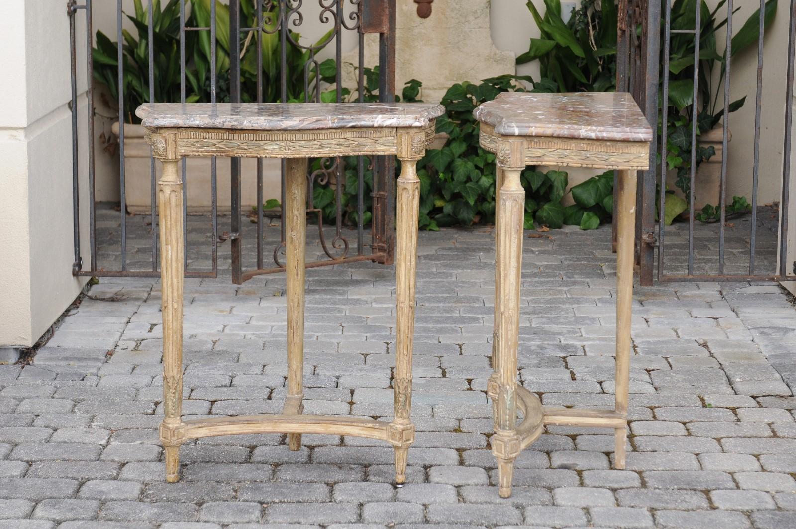 Pair of French Matching Neoclassical Painted Console Tables with Marble Tops 3