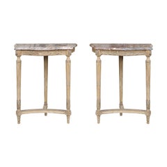 Pair of French Matching Neoclassical Painted Console Tables with Marble Tops