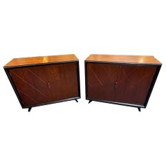 Pair of French MCM Brass Inlaid Mahogany and Ebony Side Cabinets