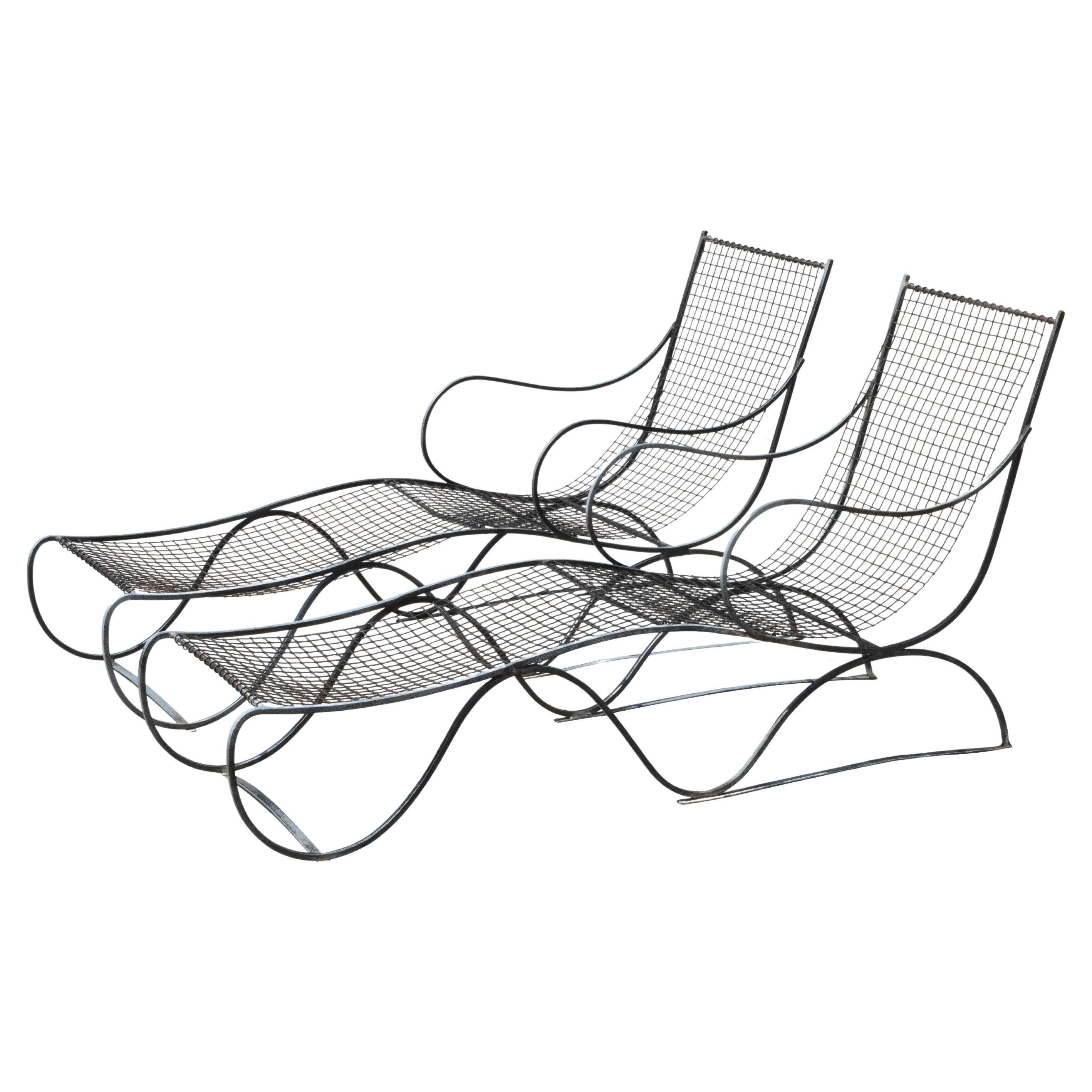 Pair of French, Mesh Iron Lounge Chaises in the Manner of Jean Royère, 1940s