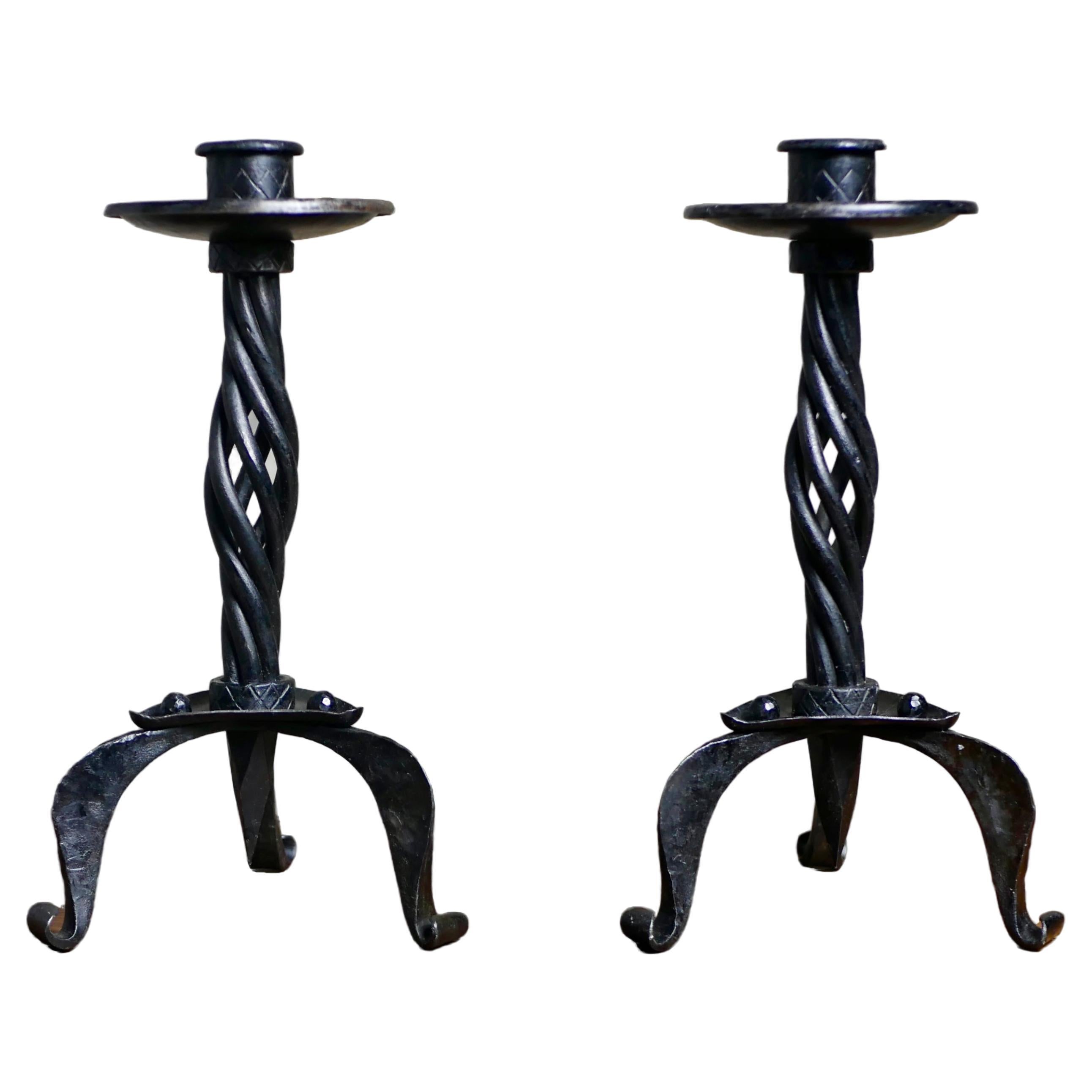 Pair of French metal brutalist candlesticks from the 1980s For Sale