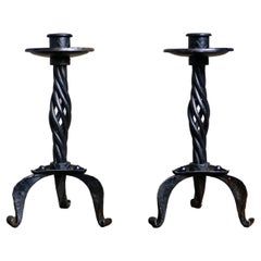 Pair of French metal brutalist candlesticks from the 1980s
