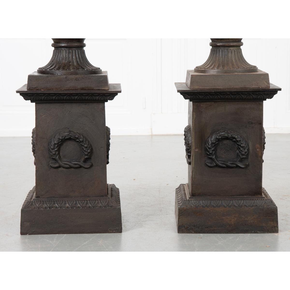 Pair of French Metal Urns on Pedestals In Good Condition In Baton Rouge, LA