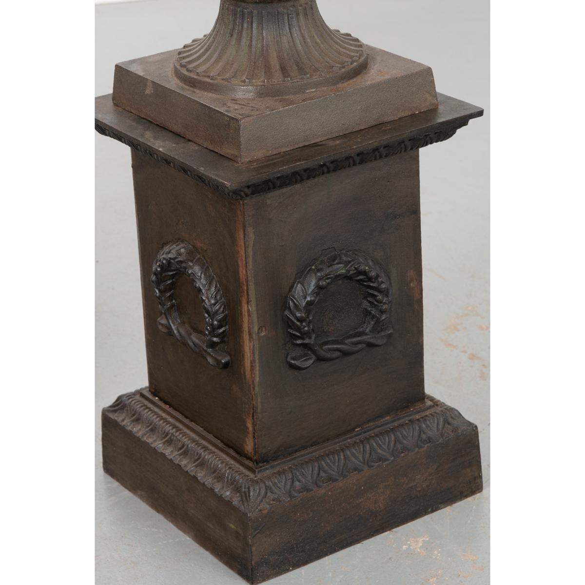 Pair of French Metal Urns on Pedestals 1