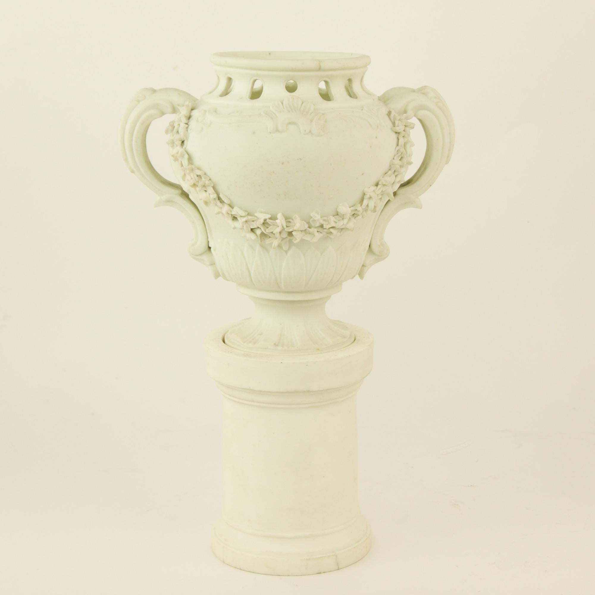 Pair of French Mid-18th Century Biscuit Porcelain Louis XV Vases and Pedestals For Sale 7