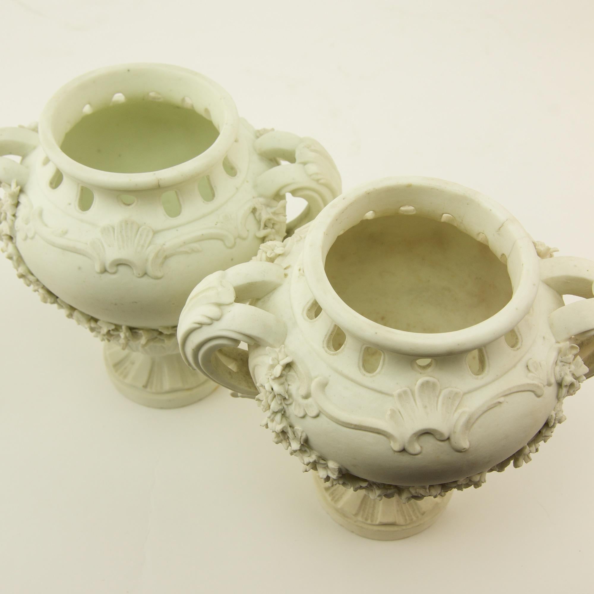 Pair of French Mid-18th Century Biscuit Porcelain Louis XV Vases and Pedestals For Sale 11