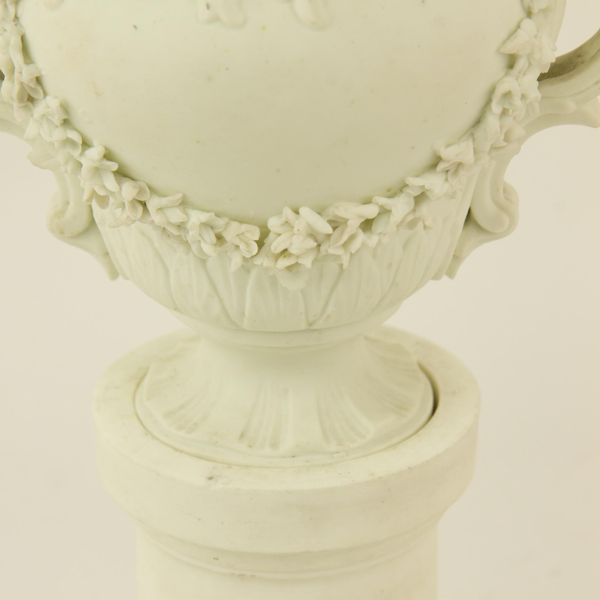 Pair of French Mid-18th Century Biscuit Porcelain Louis XV Vases and Pedestals For Sale 2