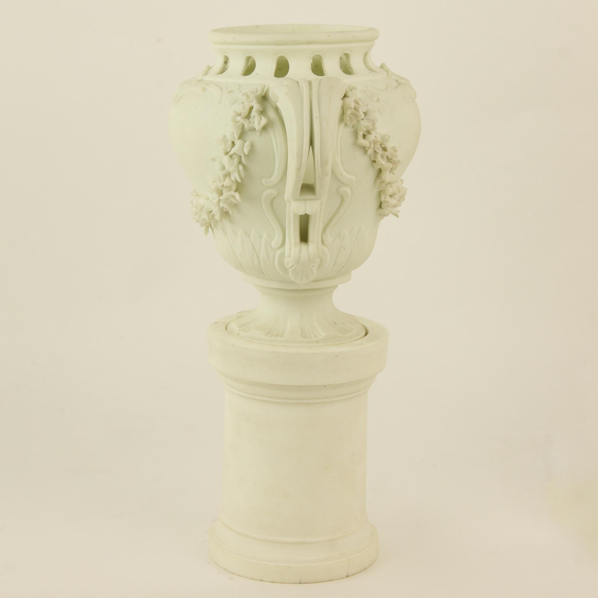 Pair of French Mid-18th Century Biscuit Porcelain Louis XV Vases and Pedestals For Sale 6