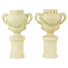 Pair of French Mid-18th Century Biscuit Porcelain Louis XV Vases and Pedestals