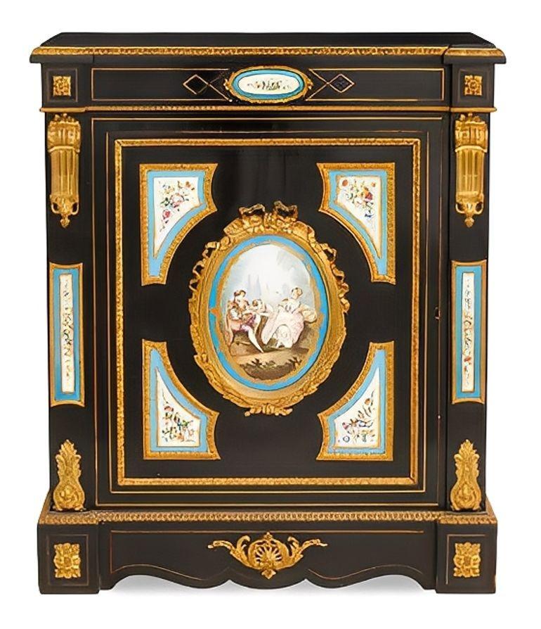 Pair of French Mid-19th C. Napoleon III Sevres-Mounted Ebonized Parlor Cabinets In Good Condition For Sale In Los Angeles, CA