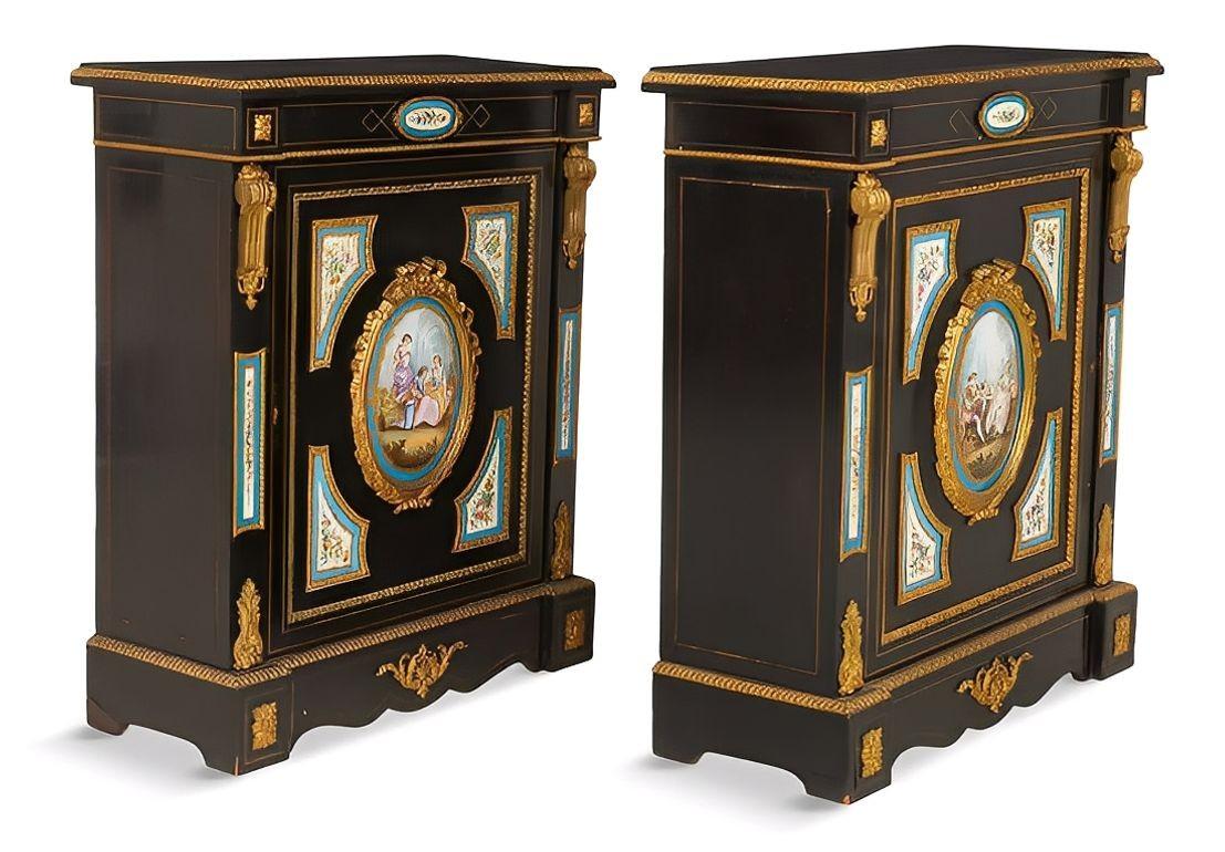 19th Century Pair of French Mid-19th C. Napoleon III Sevres-Mounted Ebonized Parlor Cabinets For Sale