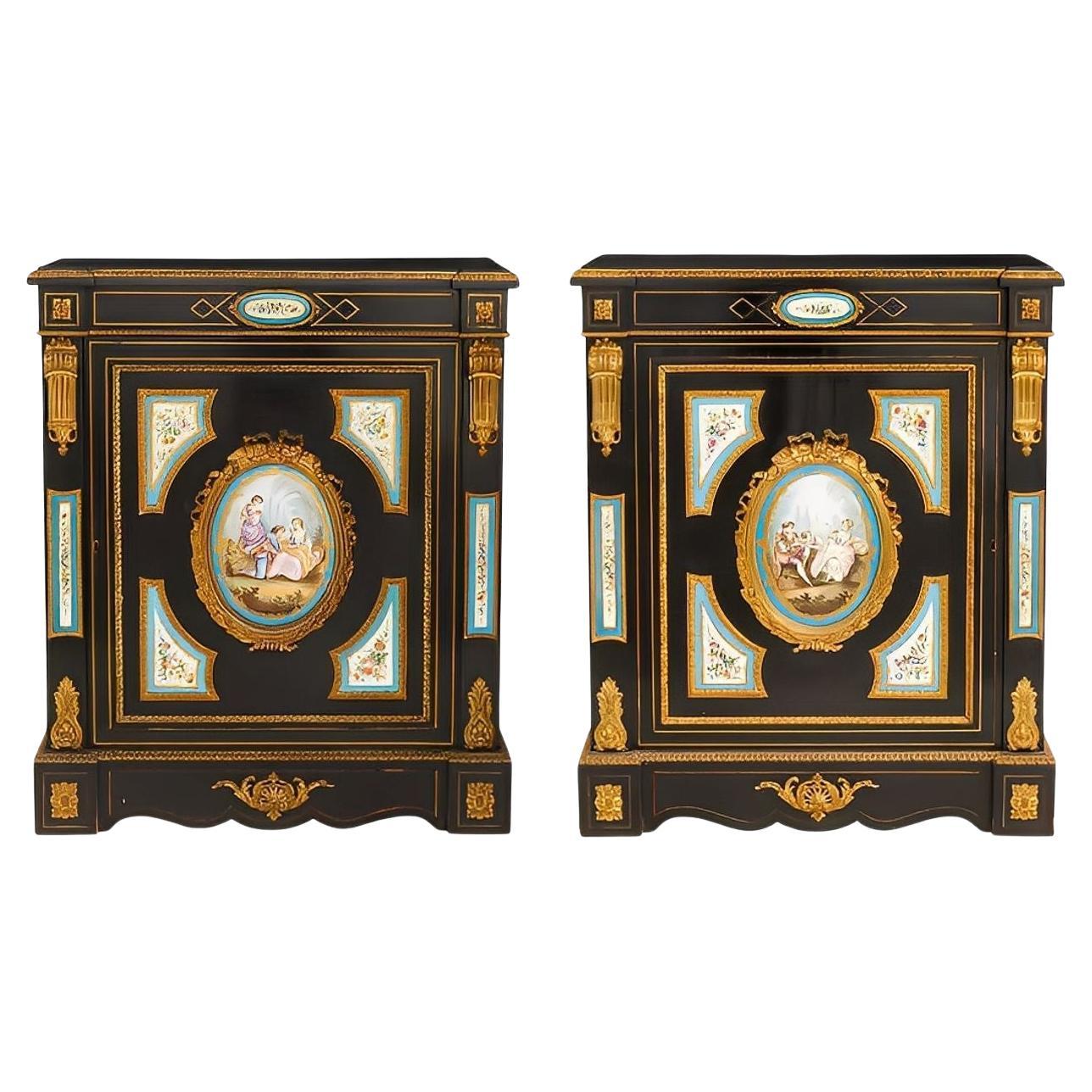 Pair of French Mid-19th C. Napoleon III Sevres-Mounted Ebonized Parlor Cabinets For Sale