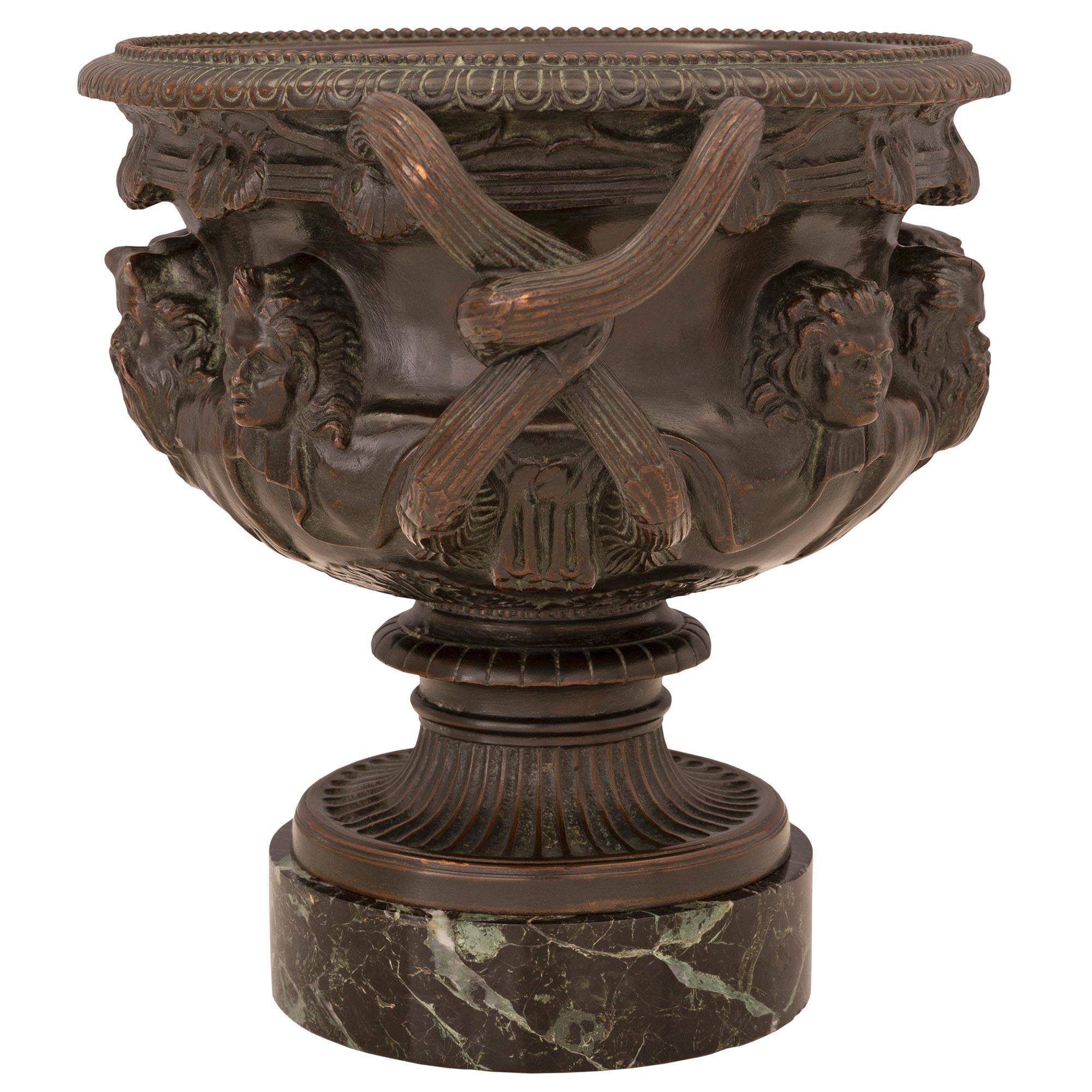 Patinated Pair of French Mid-19th Century Bronze and Marble Tazzas Signed F. Barbedienne For Sale
