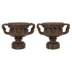 Pair of French Mid-19th Century Bronze and Marble Tazzas Signed F. Barbedienne