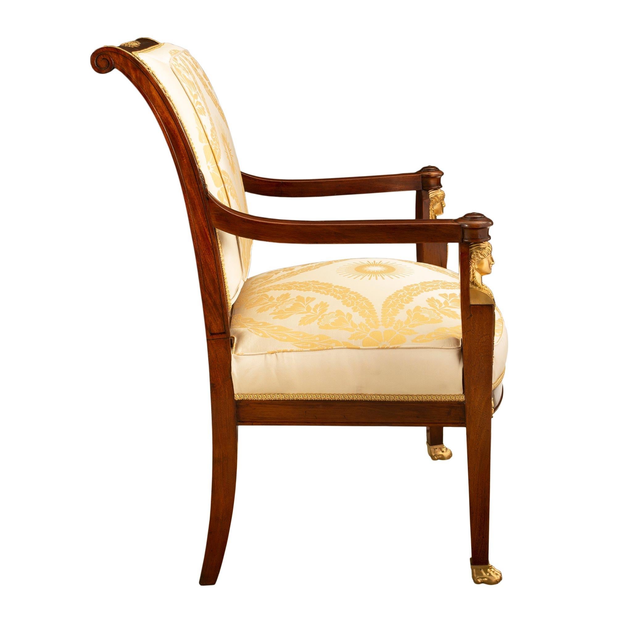 Pair of French Mid 19th Century Empire St. Mahogany and Ormolu Mounted Armchair In Good Condition For Sale In West Palm Beach, FL