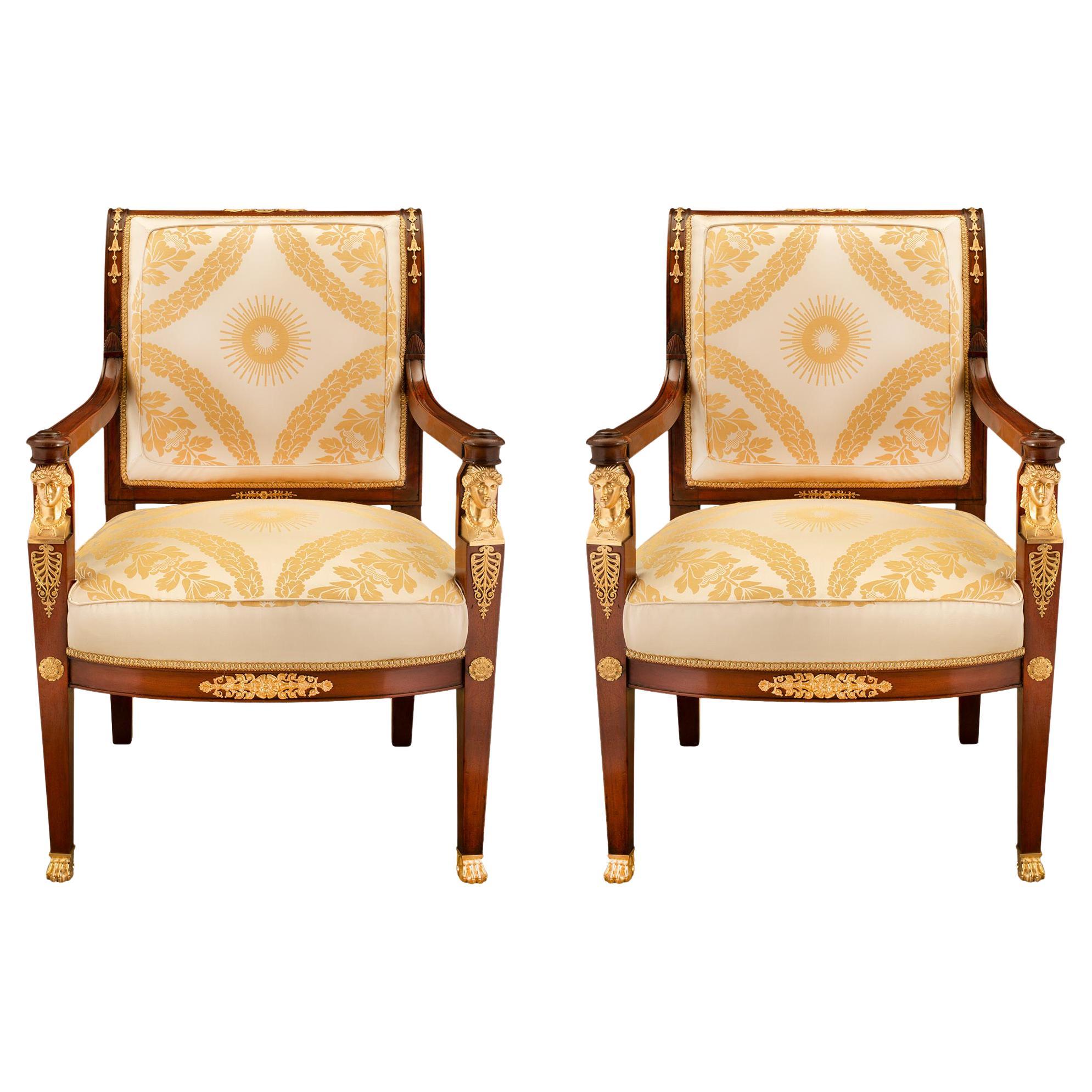 Pair of French Mid 19th Century Empire St. Mahogany and Ormolu Mounted Armchair