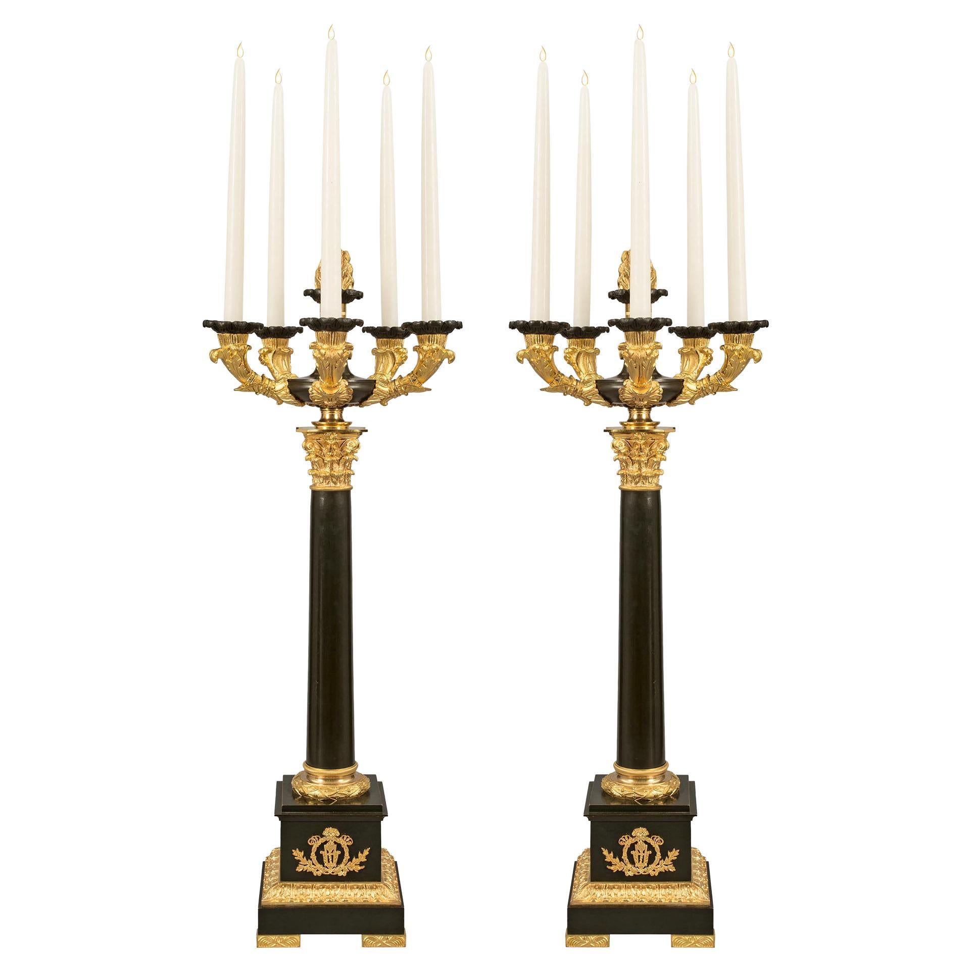 Pair of French Mid-19th Century Empire St. Patinated Bronze & Ormolu Candelabra