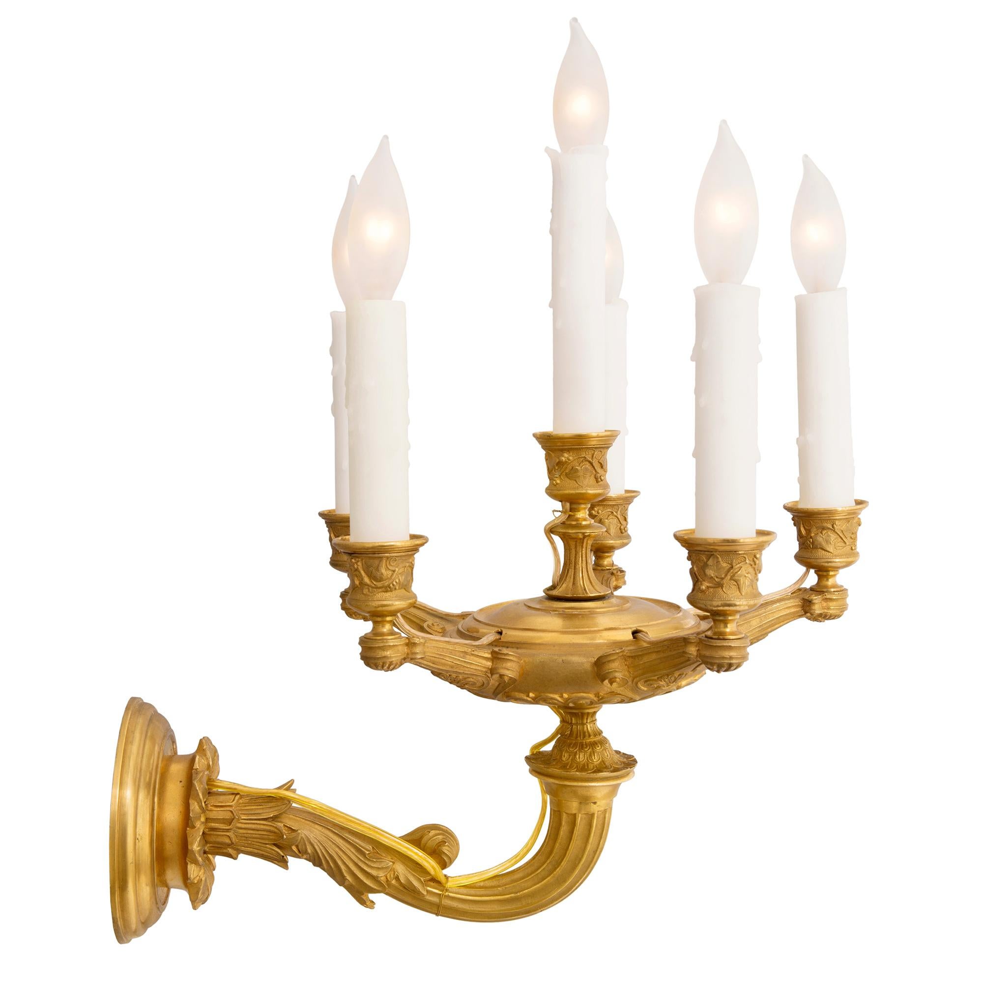 Pair of French Mid-19th Century Empire Style Six-Arm Ormolu Sconces In Good Condition For Sale In West Palm Beach, FL