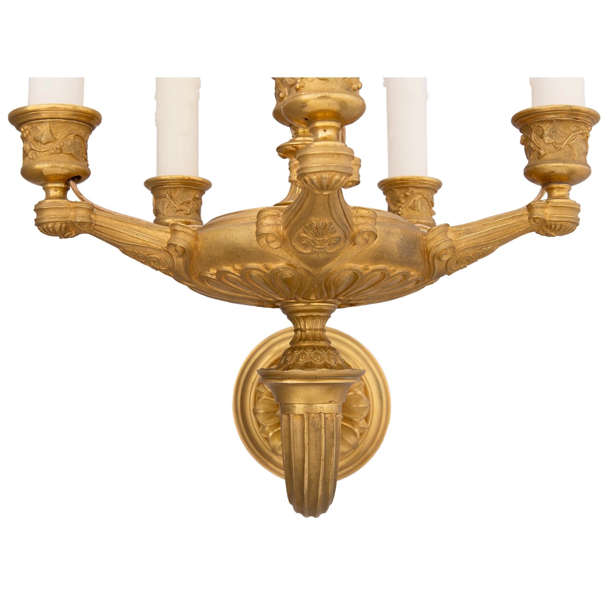 Pair of French Mid-19th Century Empire Style Six-Arm Ormolu Sconces For Sale 2