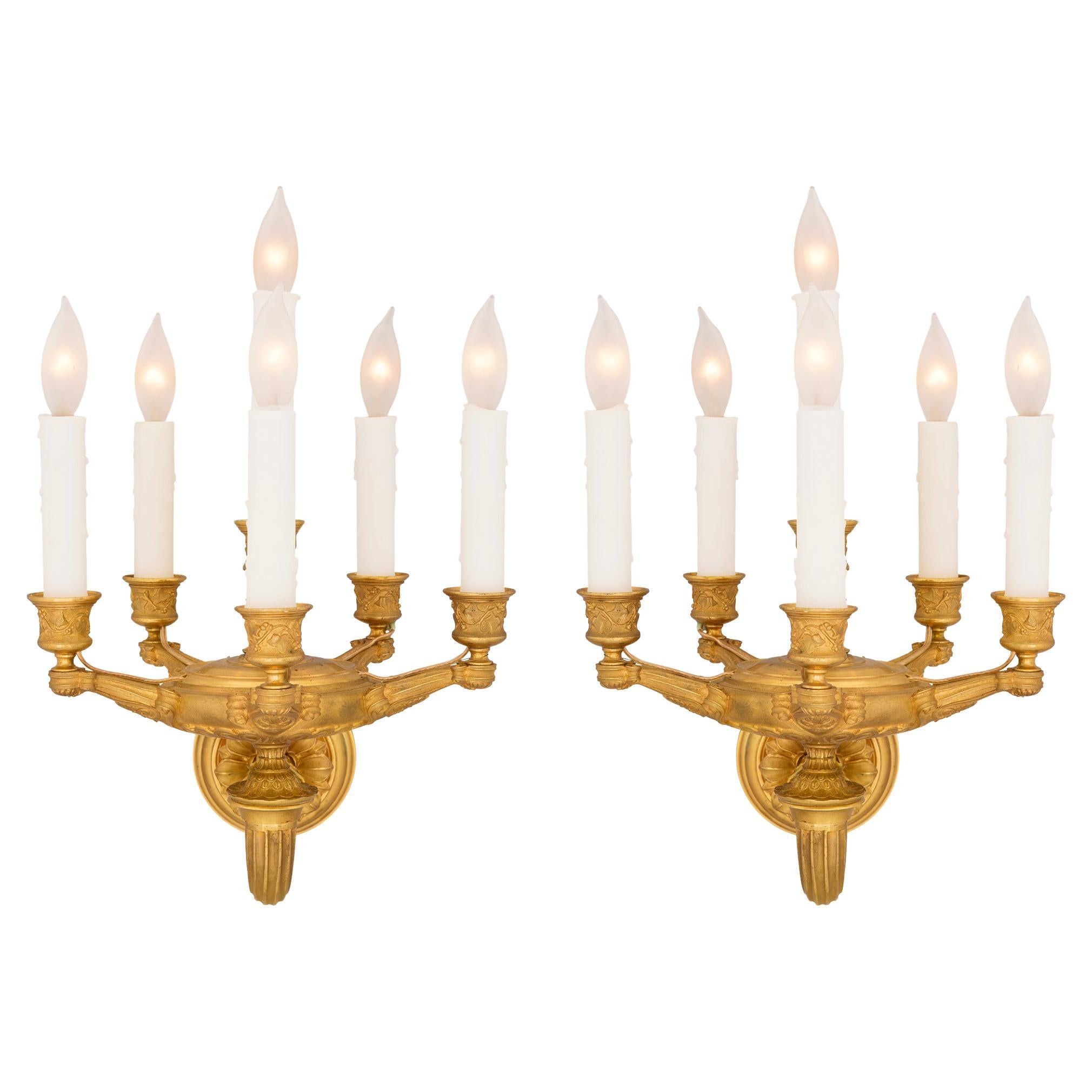 Pair of French Mid-19th Century Empire Style Six-Arm Ormolu Sconces