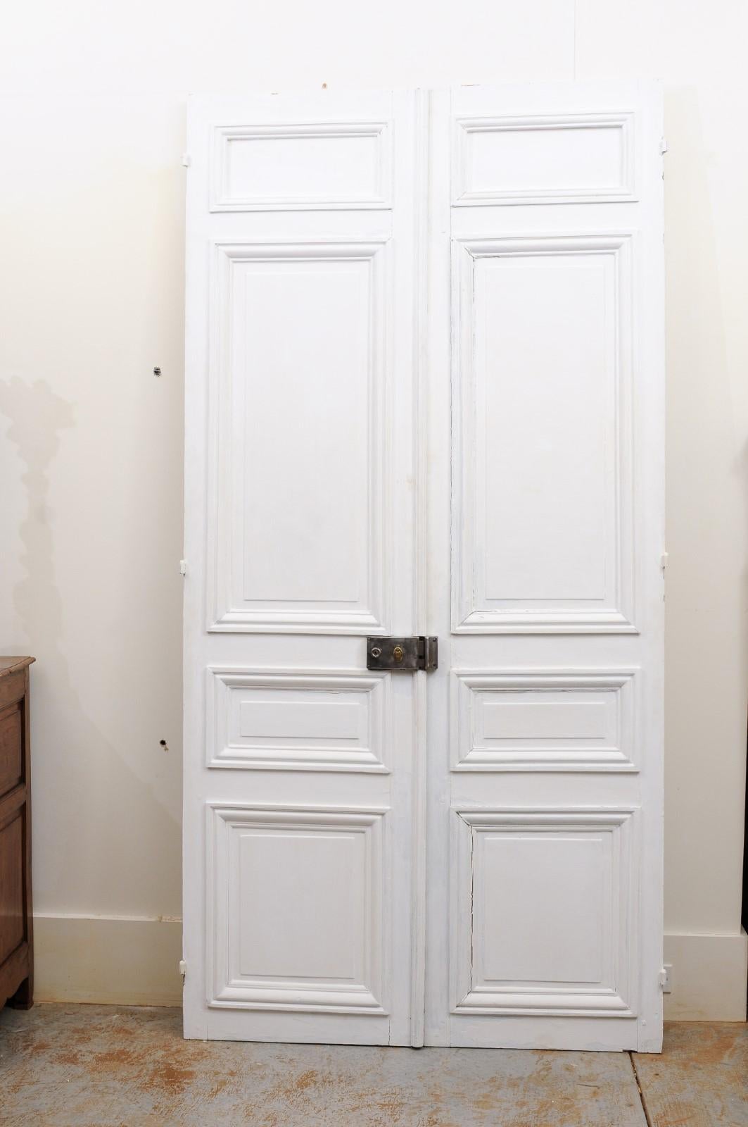 Pair of French Mid-19th Century Haussmann Painted Doors with Molded Panels 1