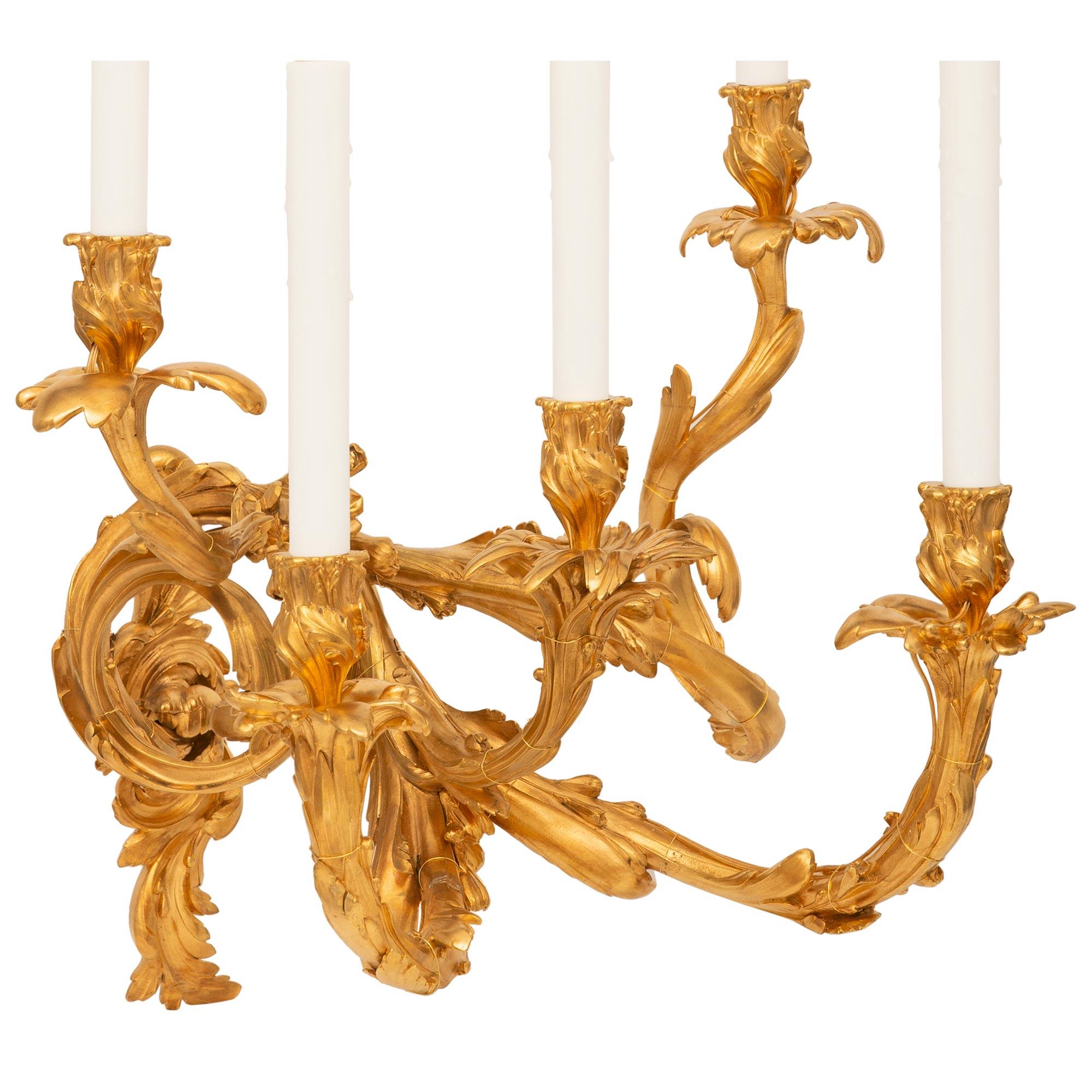 Pair Of French Mid 19th Century Louis XV St. Ormolu Sconces In Good Condition For Sale In West Palm Beach, FL