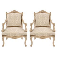 Antique Pair of French Mid 19th Century Louis XV St. Patinated off White Armchairs
