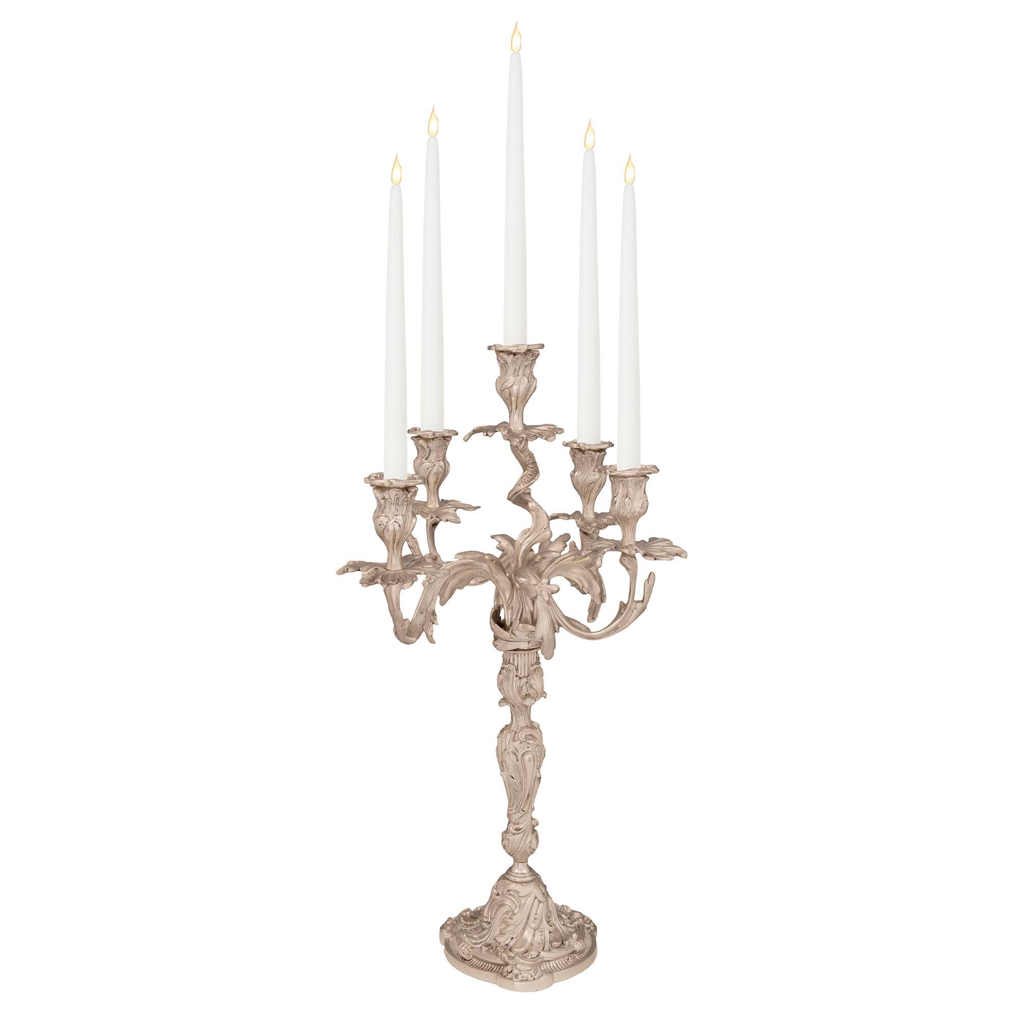Silvered Pair of French Mid-19th Century Louis XV Style Bronze Five-Arm Candelabras For Sale