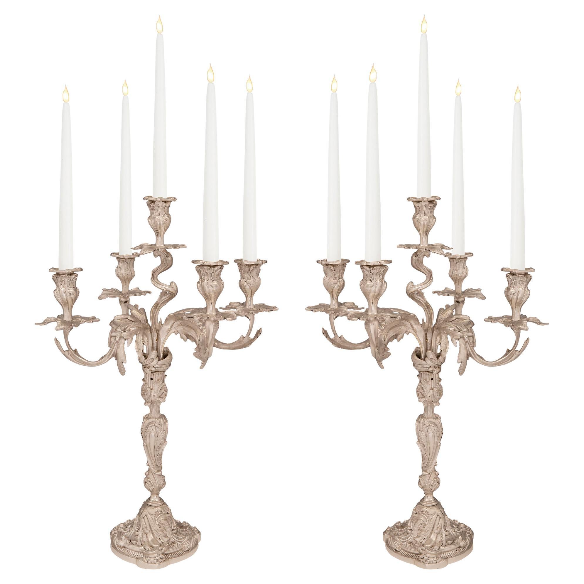 Pair of French Mid-19th Century Louis XV Style Bronze Five-Arm Candelabras For Sale
