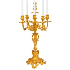 Pair of French Mid-19th Century Louis XV Style Five-Light Ormolu Candelabras