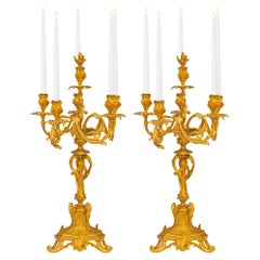 Antique Pair of French Mid-19th Century Louis XV Style Five-Light Ormolu Candelabras