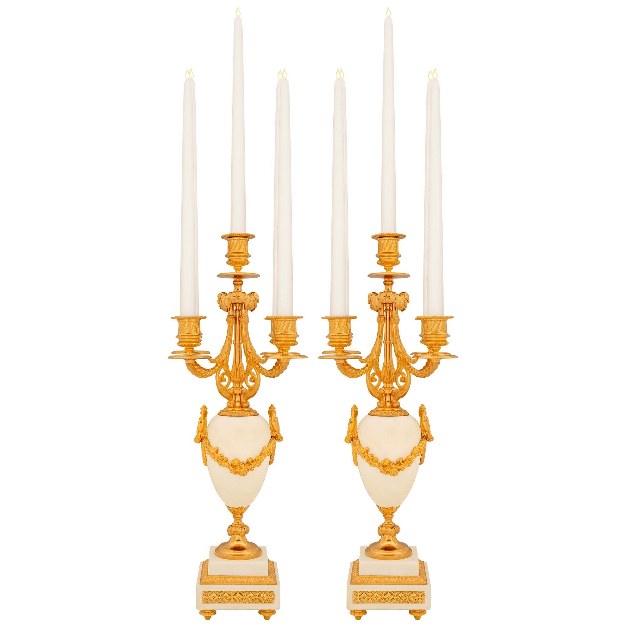 Pair of French Mid-19th Century Louis XVI st. Marble and Ormolu Candelabras For Sale 8