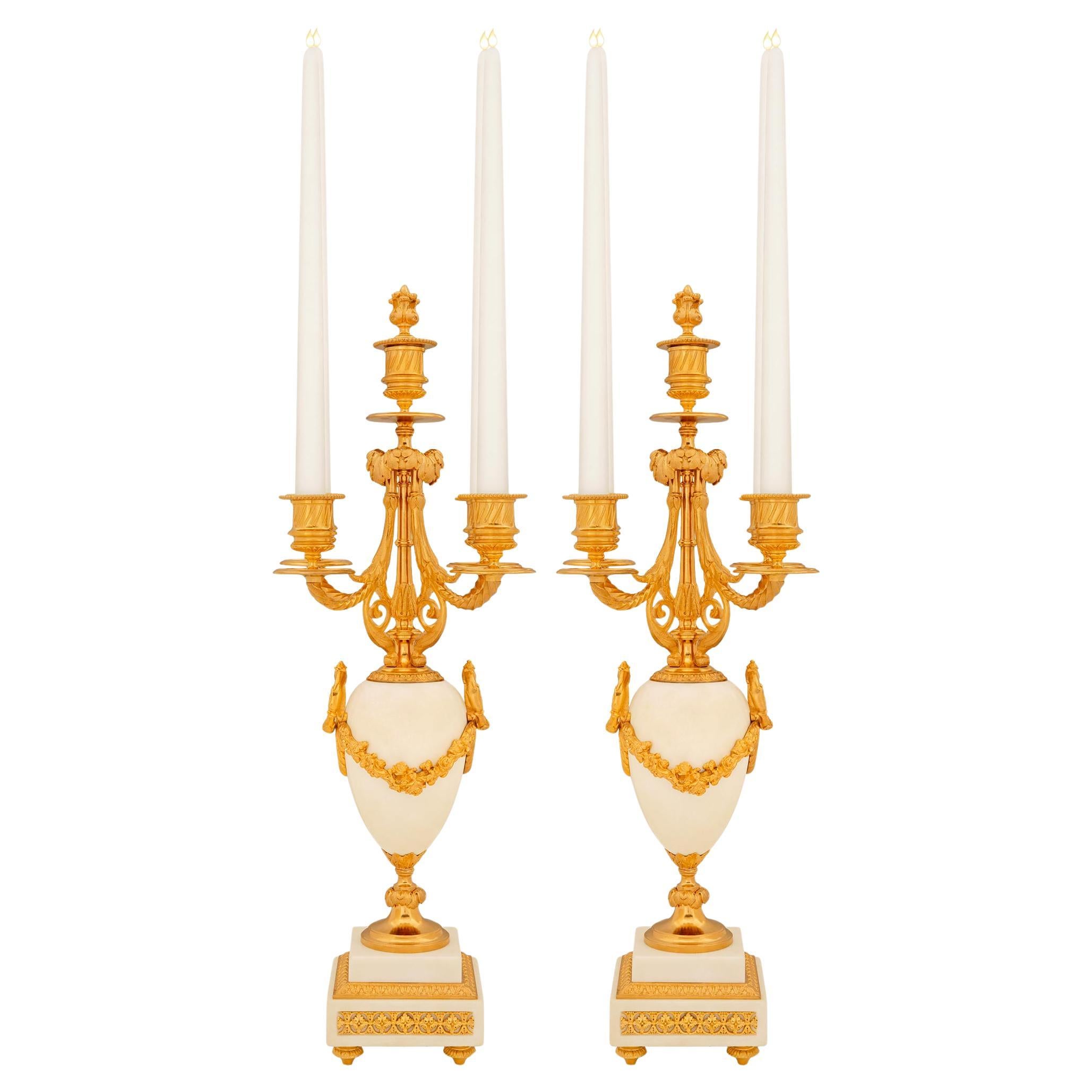 Pair of French Mid-19th Century Louis XVI st. Marble and Ormolu Candelabras For Sale