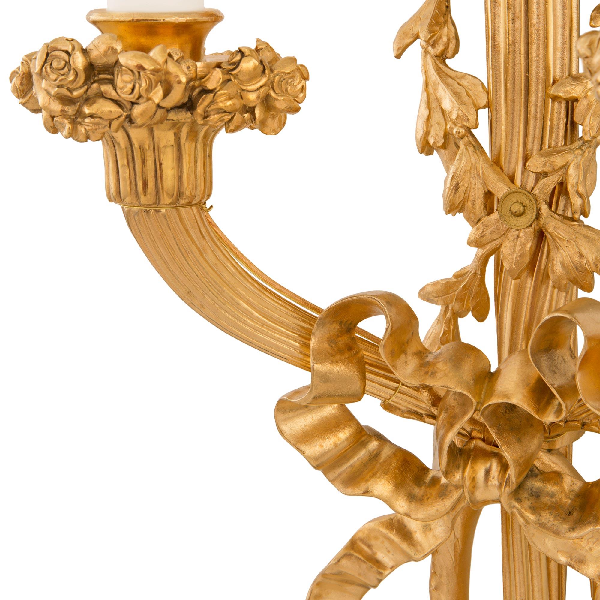 Pair of French Mid 19th Century Louis XVI St. Ormolu Sconces For Sale 3