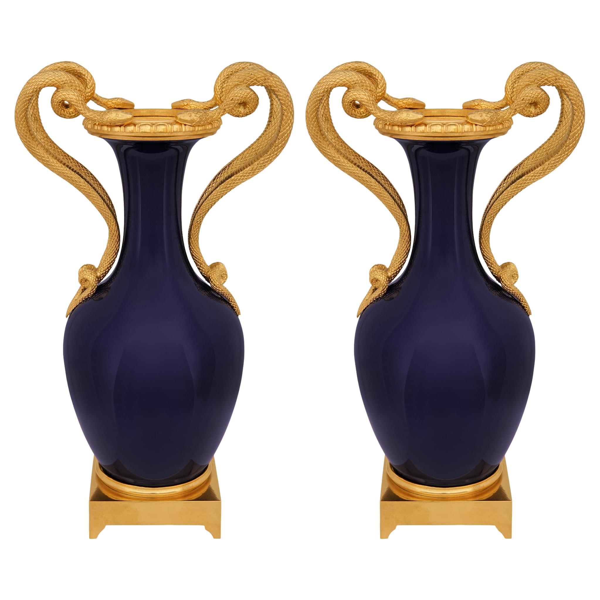 Pair of French mid 19th century Louis XVI st. Sèvres Porcelain and Ormolu vases For Sale