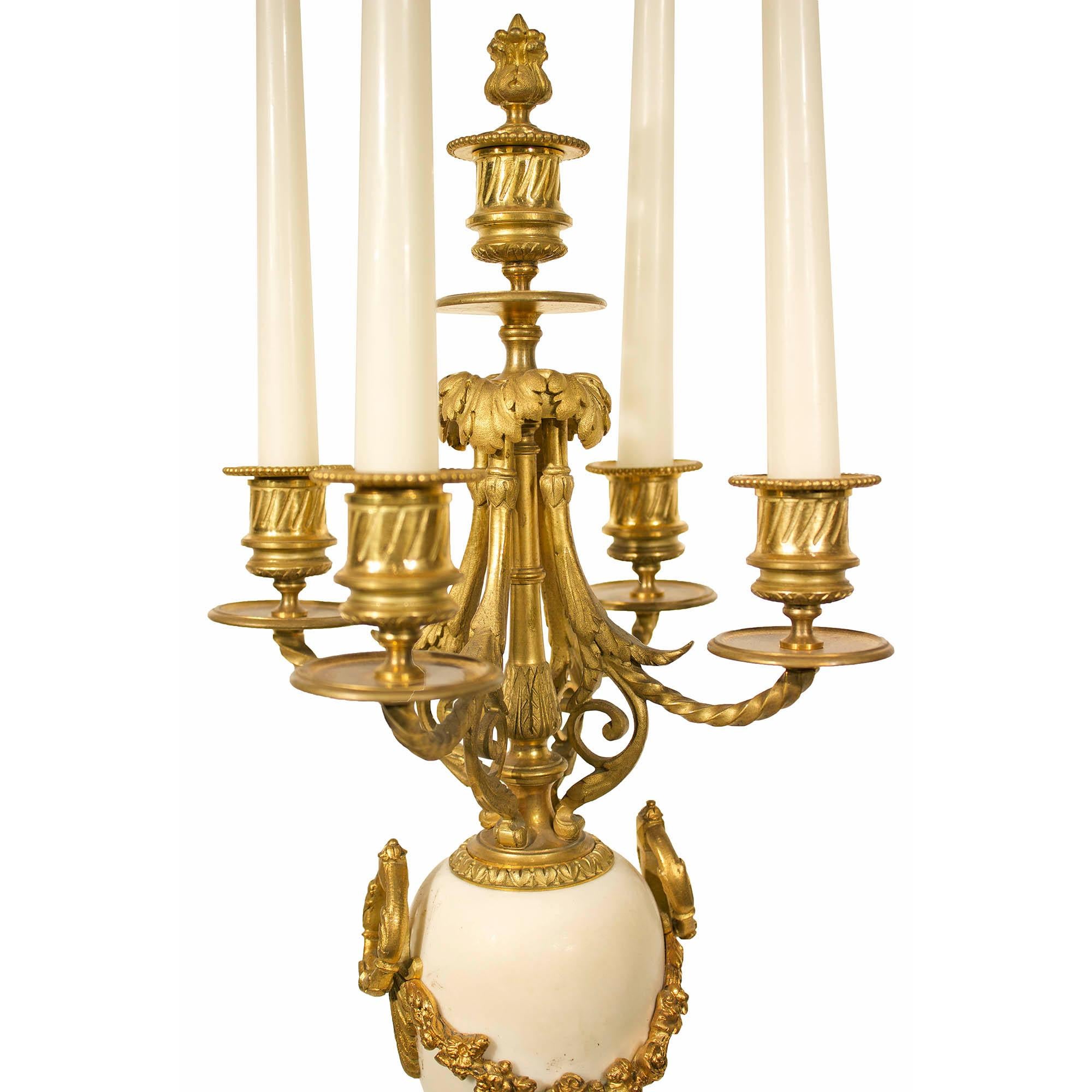 Pair of French Mid-19th Century Louis XVI Style Marble and Ormolu Candelabras For Sale 1