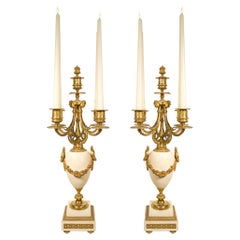 Antique Pair of French Mid-19th Century Louis XVI Style Marble and Ormolu Candelabras