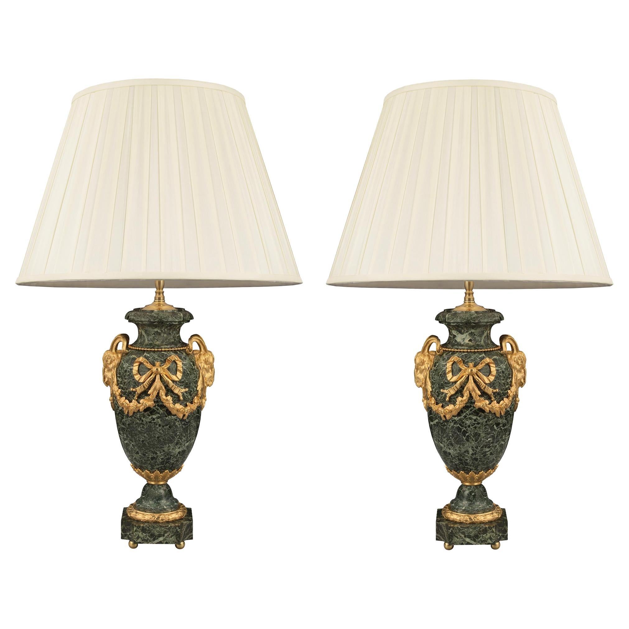 Pair of French Mid-19th Century Louis XVI Style Marble and Ormolu Lamps For Sale