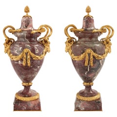 Pair of French Mid-19th Century Louis XVI Style Marble and Ormolu Lidded Urns