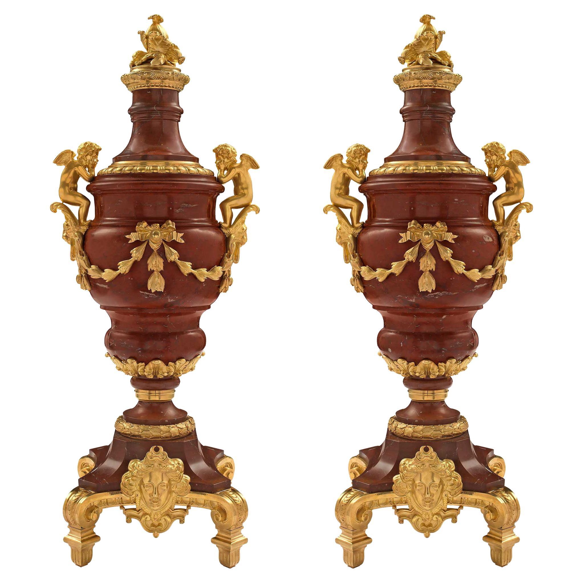 Pair of French Mid-19th Century Louis XVI Style Marble and Ormolu Urns