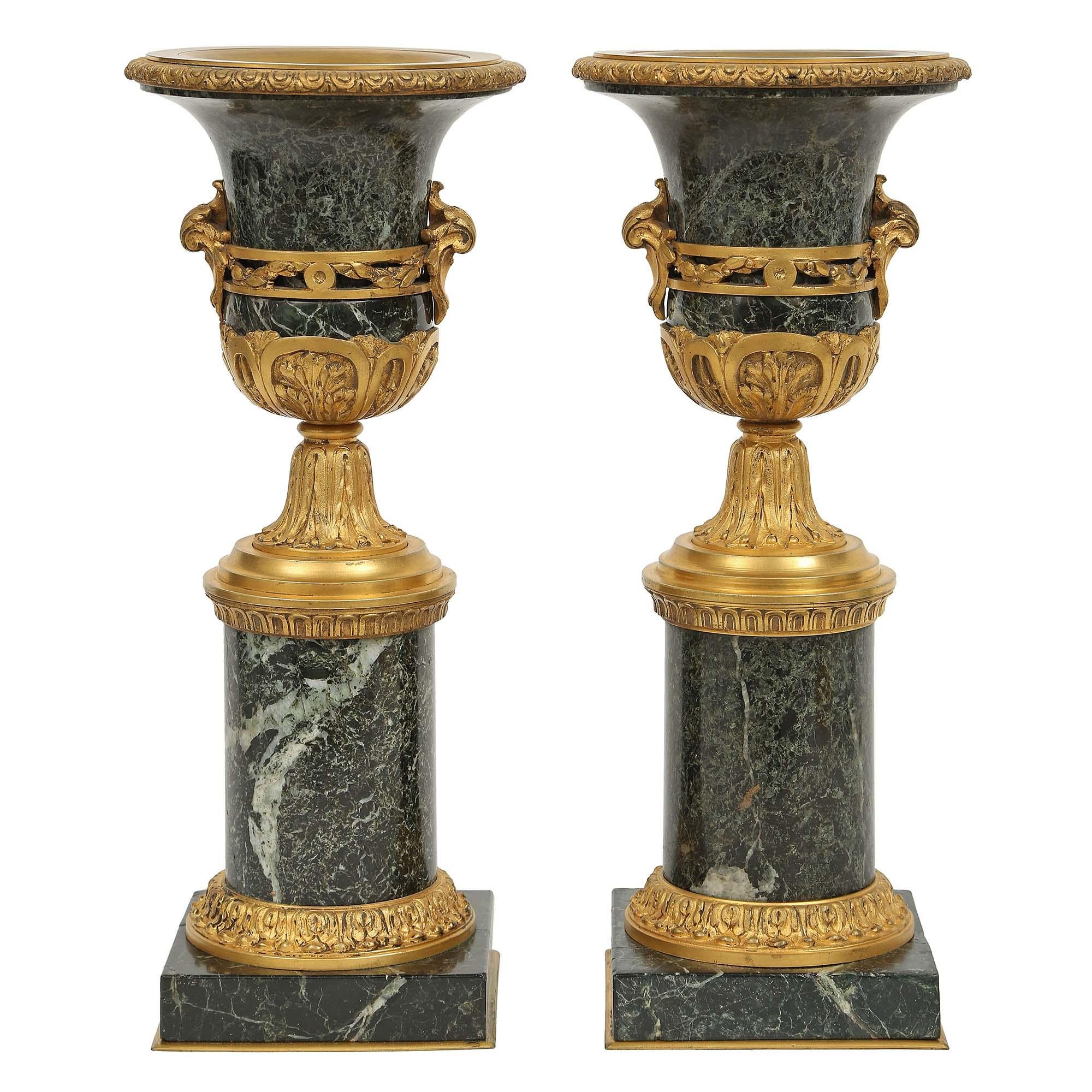 Pair of French Mid-19th Century Louis XVI Style Marble and Ormolu Vases In Good Condition For Sale In West Palm Beach, FL