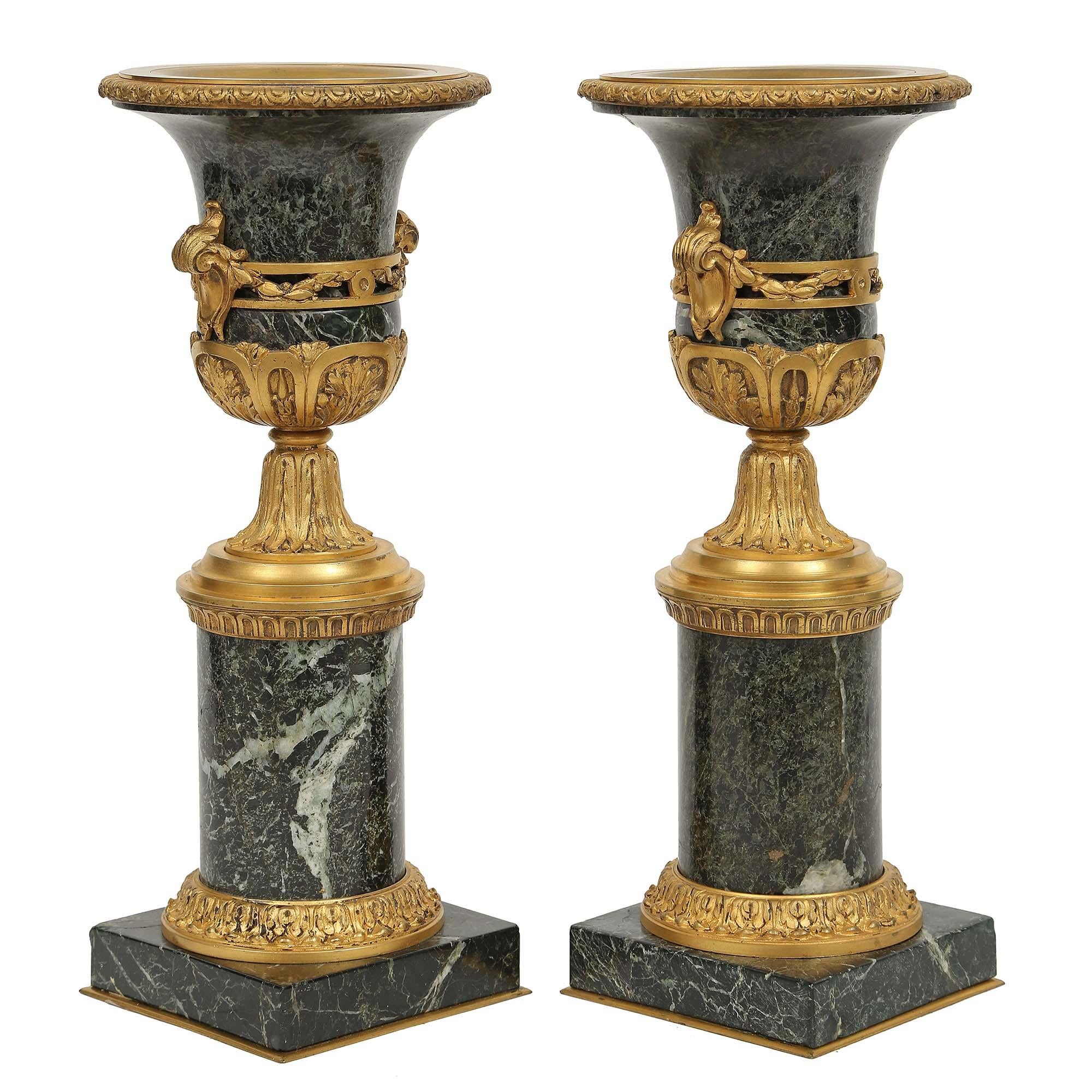 Pair of French Mid-19th Century Louis XVI Style Marble and Ormolu Vases For Sale 1