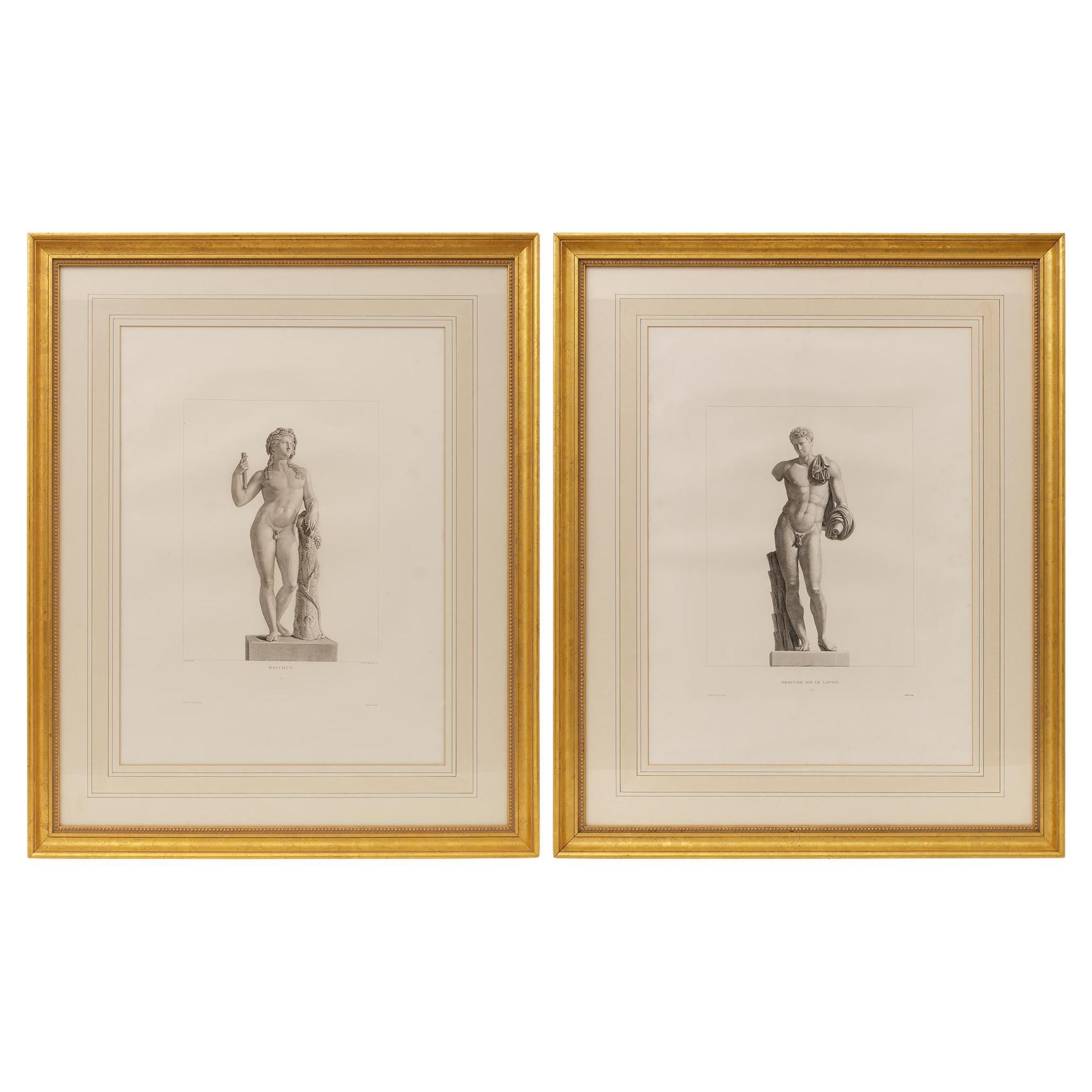 Paire d
estampes néo-classiques françaises du milieu du 19e siècle. Gravures de Bacchus et Mercure